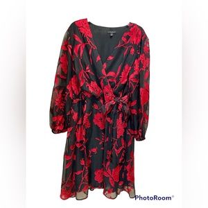 Faux Wrap Dress | Black & Red Floral Size 16
